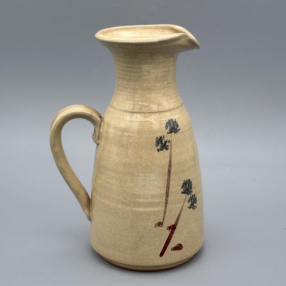 Vintage Studio Pottery Stoneware Pitcher with Hand-Painted Floral Stems Rustic - Picture 4 of 8